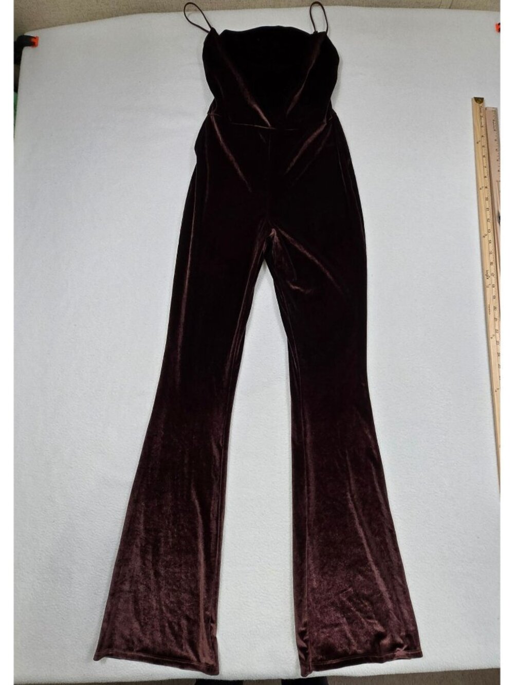 Prettylittlething Small 4 Velvet Velour Jumpsuit Brown Flare Leg Bronze